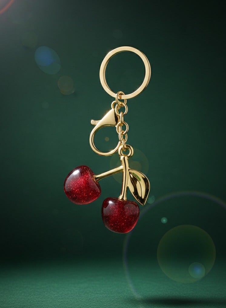 Red cherry pendant with a gold charm for bags and keys. - Image 2